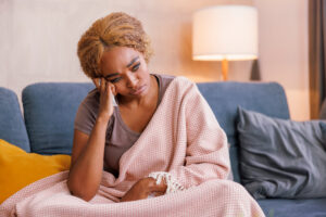 Woman having premenstrual syndrome hormonal imbalans anxiety and depression